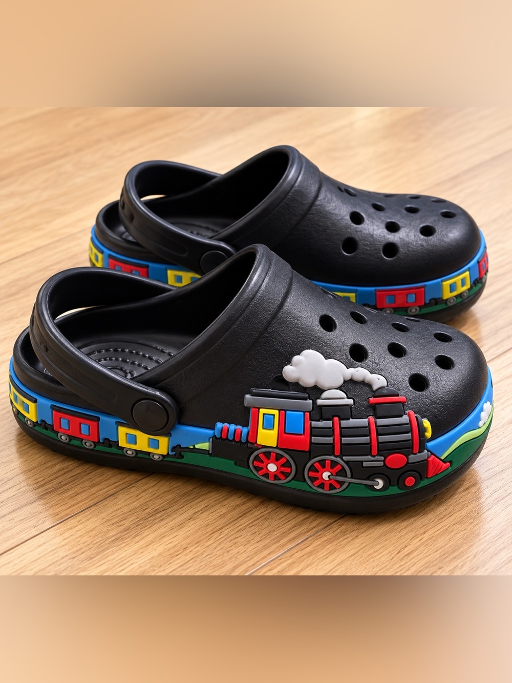 Kids Black Train Clogs Size 28 / Approx US 11C Colorful Locomotive Shoes